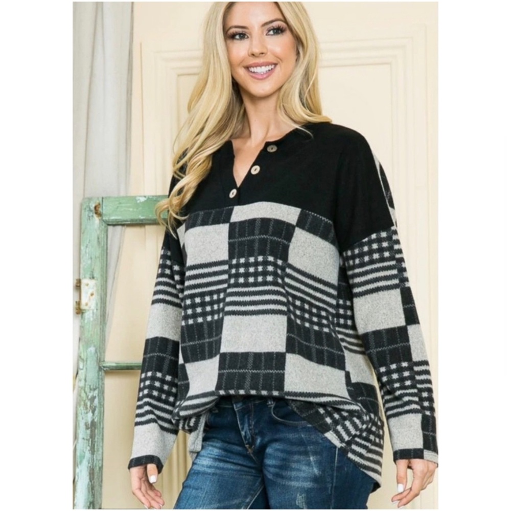 2 LEFT! Brushed Black Plaid Patchwork Top - Picture 4 of 6
